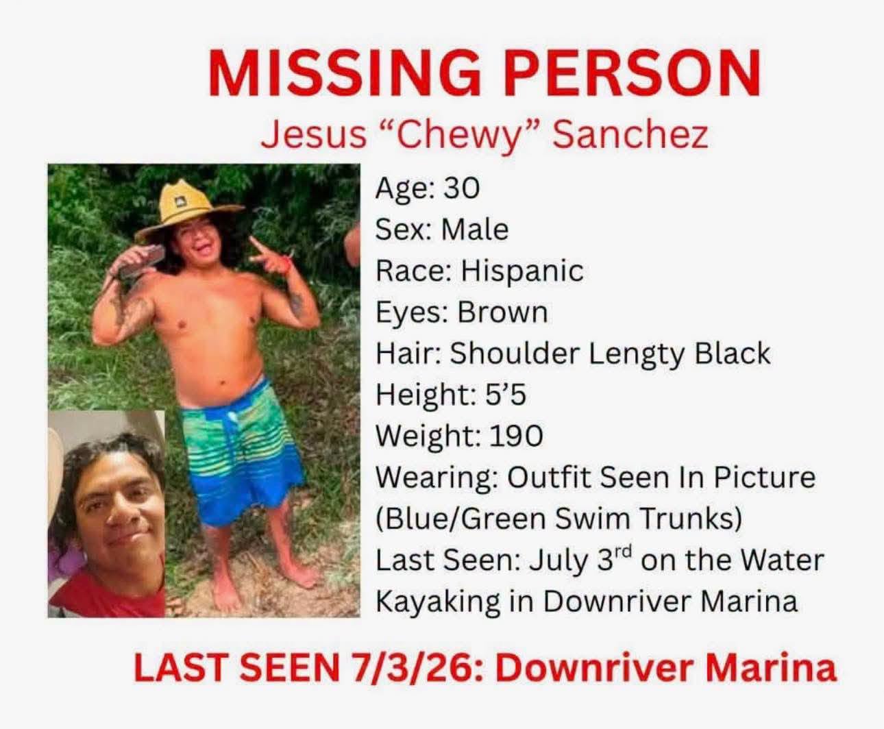 Jesus "Chewy" Sanchez Missing, 30-year-old Monroe, Michigan resident last seen kayaking on Lake Erie